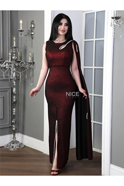 TREN Luxury Burgundy Evening Dress Sheer Cape Metallic Shimmer Crystal Accent Slit Formal Occasion