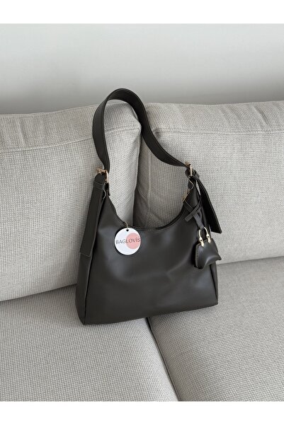 BAGLOVİS Khaki Women's Shoulder Bag with Hook and Clasp Detail and Small Wallet En34 Boy22