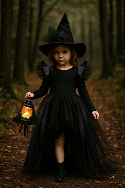 Shecco Babba Girl's Tulle Black Witch Costume–Leather Detailed Witch Dress&Hat Halloween Party Outfit