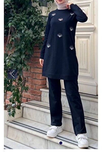 ZENNE MODA Taş işlemeli penye alt üst takım siyah