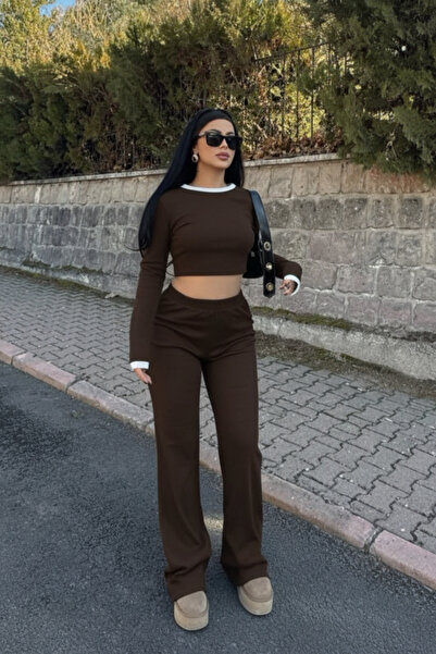 Siner Fashion Női barna fehér, részletgazdag bordázott, hosszú ujjú blúz, bő szárú nadrág szett