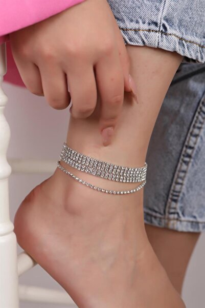 BİJUTERRİ Gümüş Kaplama Su Yolu Kristal Taşlı 3 Katmanlı Halhal Çoklu Halhal Silver