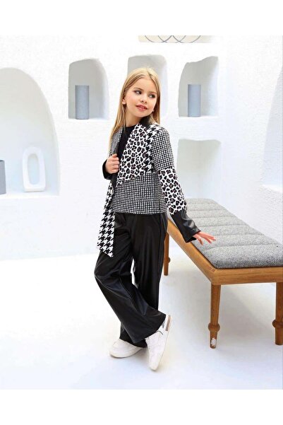 Bisahane Girl's 4-Piece Set with Houndstooth Leather Jacket