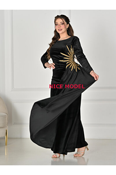 TREN فستان سهرة مخملي فاخر مطرز بالذهب بأكمام طويلة، فستان ماكسي، شال، مناسب ...