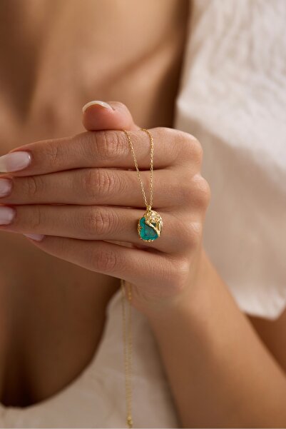 Nereze 925 Ayar Gümüş Gold Kaplama Su Yeşili Taşlı İlham Perisi Kolye