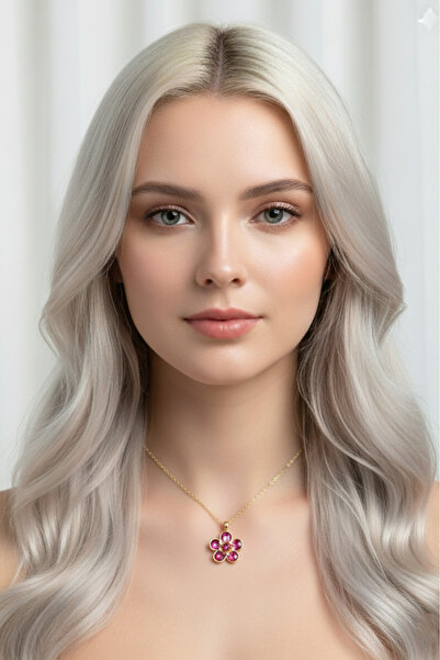 özgül takı ve tasarım Stainless Steel Gold Color Fuchsia Crystal Stone Flower Women Necklace
