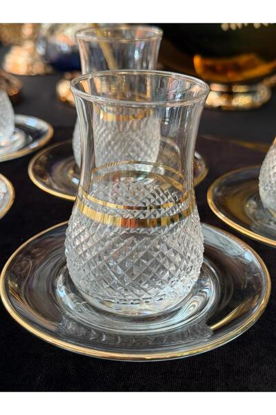 LOKMAN ZÜCCACİYE 6 Person 12 Pieces Crystal Cut 24K Gold Plated Tea Set (Model1)
