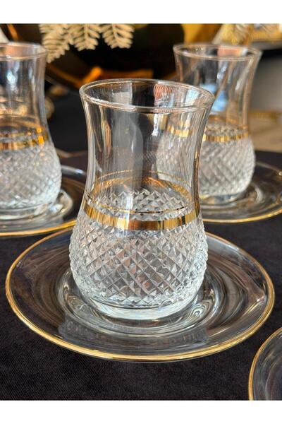 LOKMAN ZÜCCACİYE 6 Person 12 Pieces Crystal Cut 24K Gold Plated Tea Set (Model1)