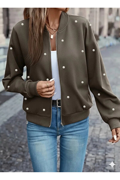 NORA Boutique Jachetă modală scurtă pentru femei, cu mânecă lungă, cu fermoar în față, cu perle