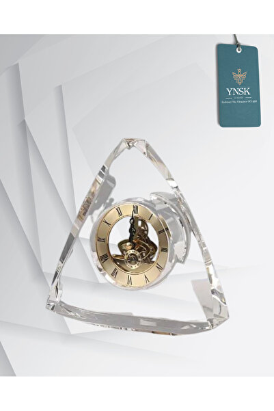 YNSK Luxury| Kristal Üçgen Dekoratif Çarklı Masa Saati – Lüks Ev ve Ofis Hediyelik Obje (14X11 cm)