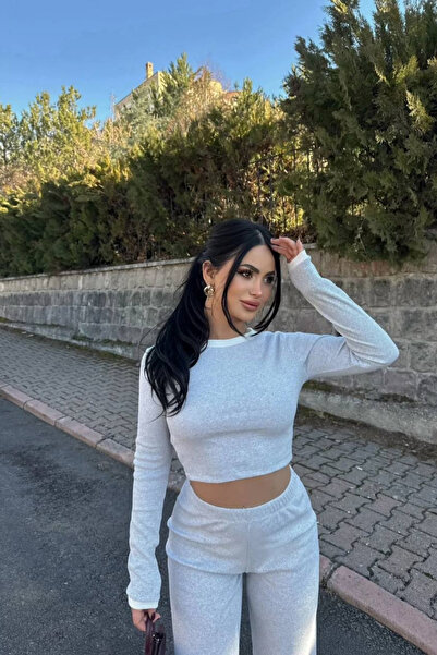 Siner Fashion Women's Gray and White Detailed Ribbed Long Sleeve Blouse and Wide Leg Pants Set