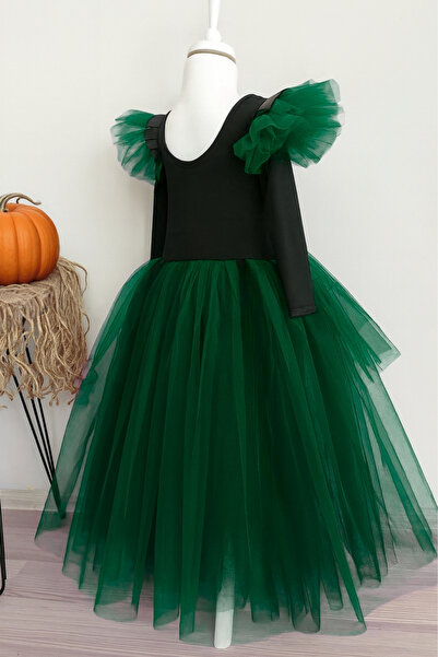 Shecco Babba Girl's Green Tulle Witch Costume–Leather Detailed Witch Dress&Hat Halloween Party Outfit