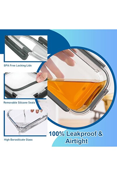 Hope 1040ml 10-Piece Glass Containers with Lids - Airtight Snap-Locking Food Storage Set, BPA Free,