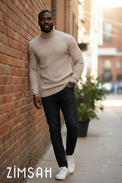 Zimsah Erkek Kazak Slim Fit Triko Kazak Bej Renk