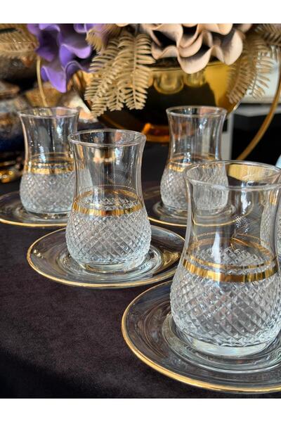 LOKMAN ZÜCCACİYE 6 Person 12 Pieces Crystal Cut 24K Gold Plated Tea Set (Model1)