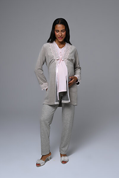 Lohussa Γυναικεία φόρμα ύπνου από φλις σε πούδρα με δαντέλα Χειμερινό Ειδικό ...