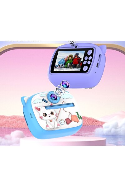 AteşTech Kedi Temalı Anında Baskılı Çocuk Kamerası Print Kamera | Çift Kamera, 2,0″ Ekran, Silikon Kılıf