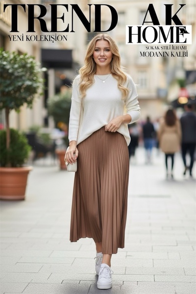 OSKAR FIRÇA Brown Color Skirt with Elastic Waist and Pleats