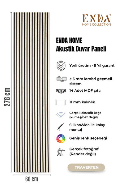 Enda Home MDF Akustik Duvar Paneli 60×278 cm – 11 mm Kalınlık, Gerçek Keçeli Dekor Çıtası