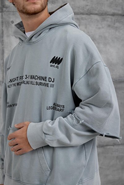 NOMARC Gray Text Detailed Piece Sleeves Washable Oversize Hooded Sweatshirt