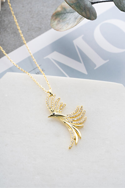 Nereze 925 Ayar Gümüş Gold Kaplama Zirkon Taşlı Anka Kuşu Kolye