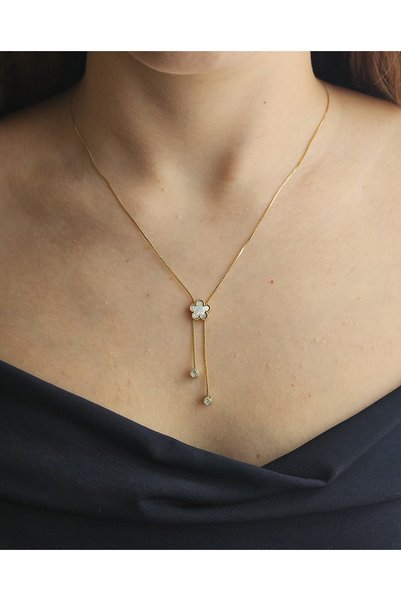 MinAccessory White Five-Leaf Clover Detailed Gold Steel Necklace