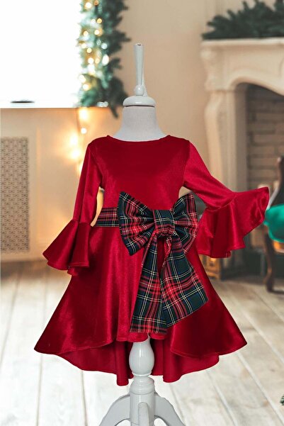 Shecco Babba Girls' Plaid Red Velvet Christmas Dress – Bell Sleeve & Plaid Bow Detail Special Occasion Dress