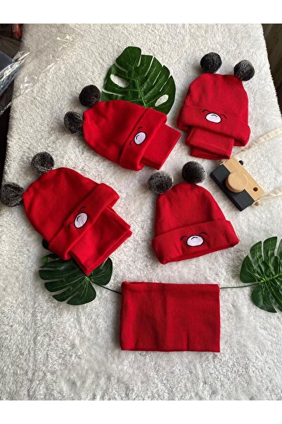 CANSU BUTİK Girl's Pompom High-Necked Red Hat