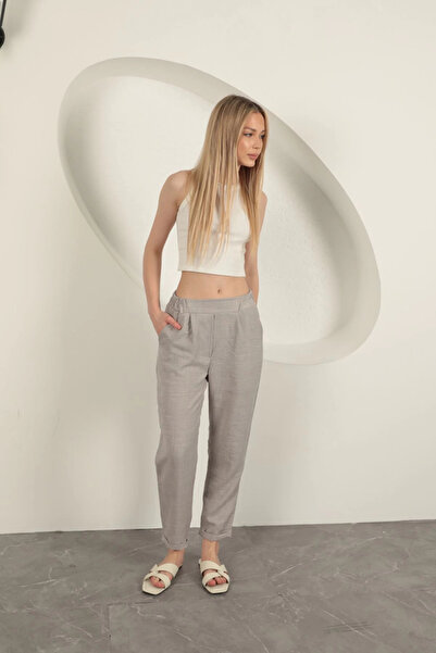 karadağsb Sofia Linen Double Leg Women's Trousers-Grey