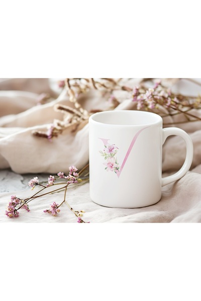 Beramussa Letter V Pink Flower Pattern Mug Cup - Elegant Pink Flower Design Coffee Tea Cup - Gift