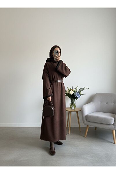 inci wears Bitter Brown Suede Hijab Dress