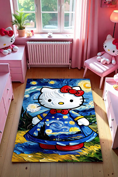 FG Store Hello Kitty Temalı Dijital Baskılı Makinede Yıkanabilir Kaymaz Leke Tutmaz Salon Halısı