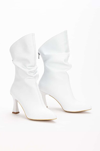 elvinshoes Jasmine kadın Beyaz büzgülü ince ökçe bot