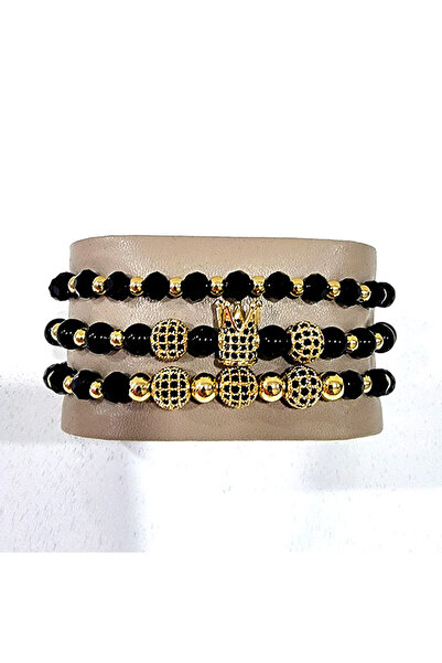 FashionForYou Set Prince, trei brățări unisex, cu bile din oțel inoxidabil și pietre lucrate manual, negru/auriu