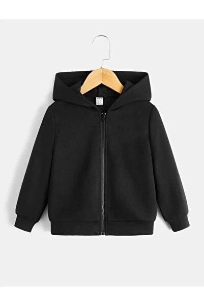 vinraus Kız\erkek Çocuk Unisex Siyah Kapşonlu Fermuarlı Hırka Sweatshirt