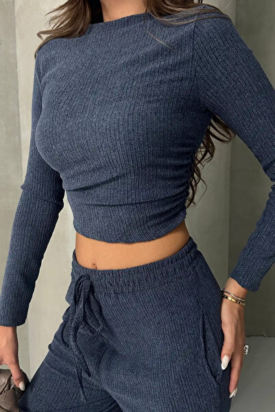 Siner Fashion Women's Drawstring Detailed Blouse Wide Leg Pants Top and Bottom Set