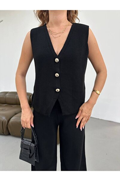 alenmoda Knitwear Gold Buttoned Sleeveless Vest and High Waist Long Length Pants Two-Piece Set