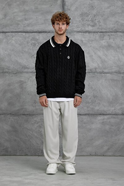 NOMARC Tricotaj oversize tricotat cu guler polo negru pentru bărbați