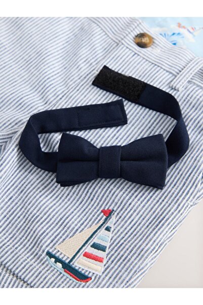 Next Baby Blue and White Printed Shirt, Trouser Strap, Shorts and Bow Tie Bottom and Top Set