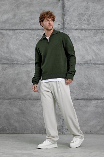 NOMARC Πράσινο πλεκτό oversized με μισό φερμουάρ