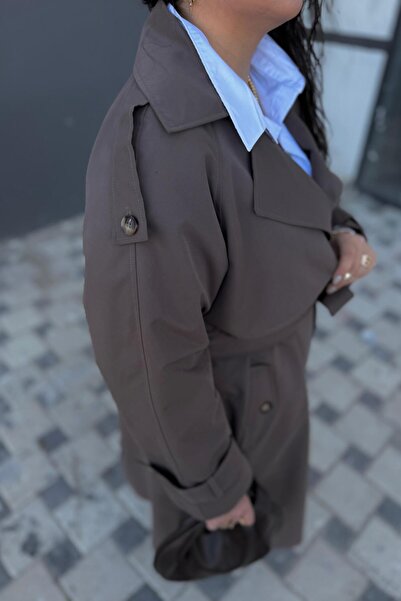 CHUL Büyük Beden Canvas Apolet Detaylı Astarlı Kemerli Uzun Trençkot - SOĞUK KAHVE