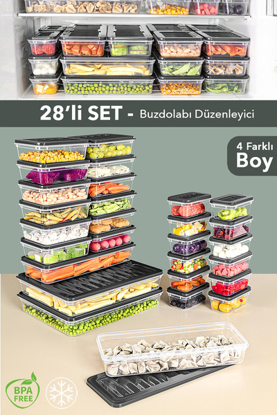 Meleni Home Set de 28 organizatoare pentru frigider - Organizator potrivit pentru cuptorul cu microunde Recipient de depozitare pentru congelator Antracit