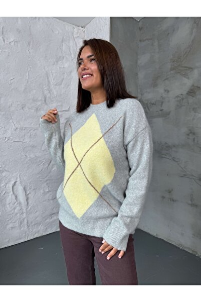 Elif Özbey Butik Yellow Large Diamond Pattern Sweater