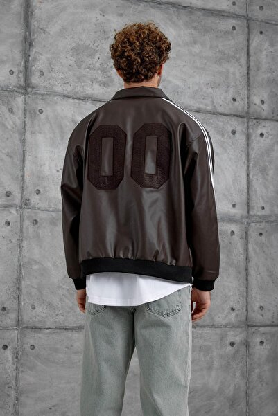 NOMARC Καφέ Nmrc ριγέ oversized Δερμάτινο μπουφάν