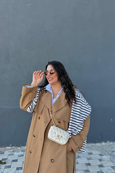 CHUL Büyük Beden Canvas Apolet Detaylı Astarlı Kemerli Uzun Trençkot - CAMEL