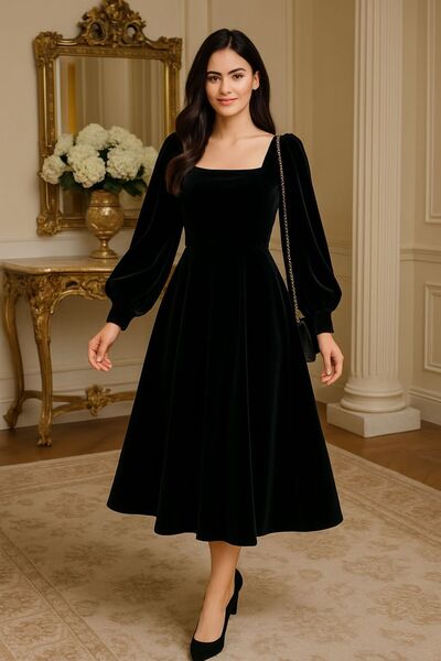 stylingpark Kare Yaka Uzun Kollu Midi Boy Elbise