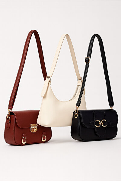 Adelina Bags Kadın 3'lü Çanta Paketi Bordo Krem Siyah Üç Adet Çanta