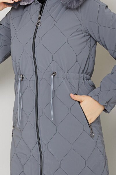 hiramir Kadın Yeni Sezon Fermuarlı Belden Bağcıklı Novam Kumaş Mont Gri KS2551