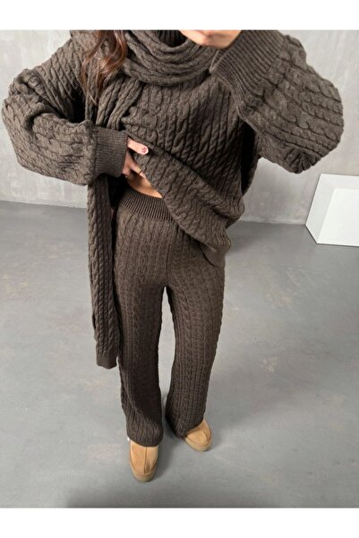 Lovely butik Women's High Waist Wide Leg Knitting Set (Sweater, Pants, Scarf/Shawl)