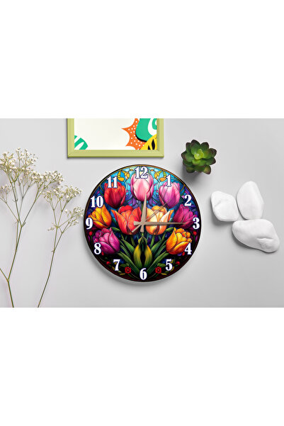 M&H Quality ساعة حائط ملونة بتأثير الزجاج الملون على شكل حديقة التوليب (آلية صامتة)